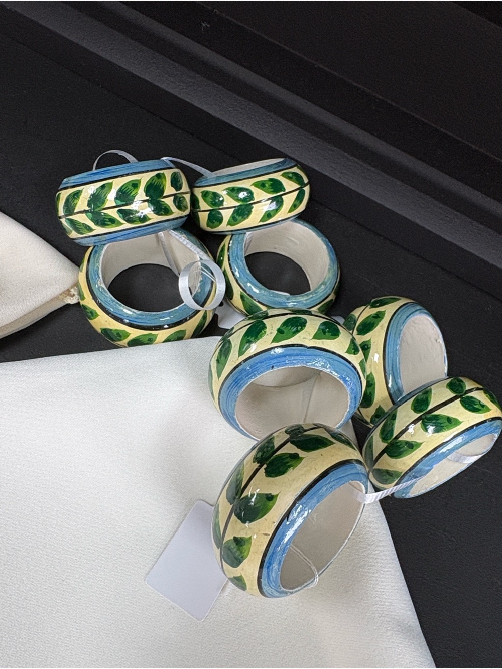 Hand-Painted Green Leaf Ceramic Napkin Rings - Set of 8